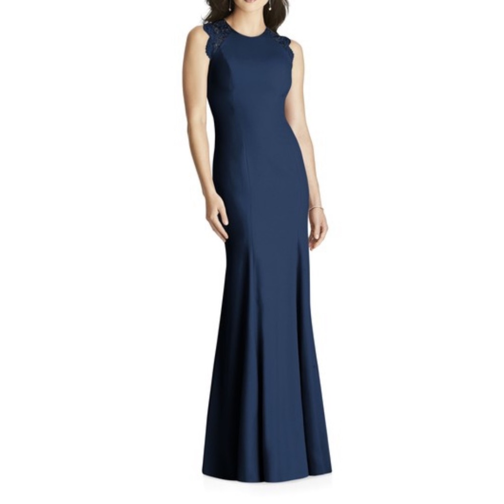 NWT Dessy Collection Sleeveless Crepe Column Trumpet Gown with Lace in Navy